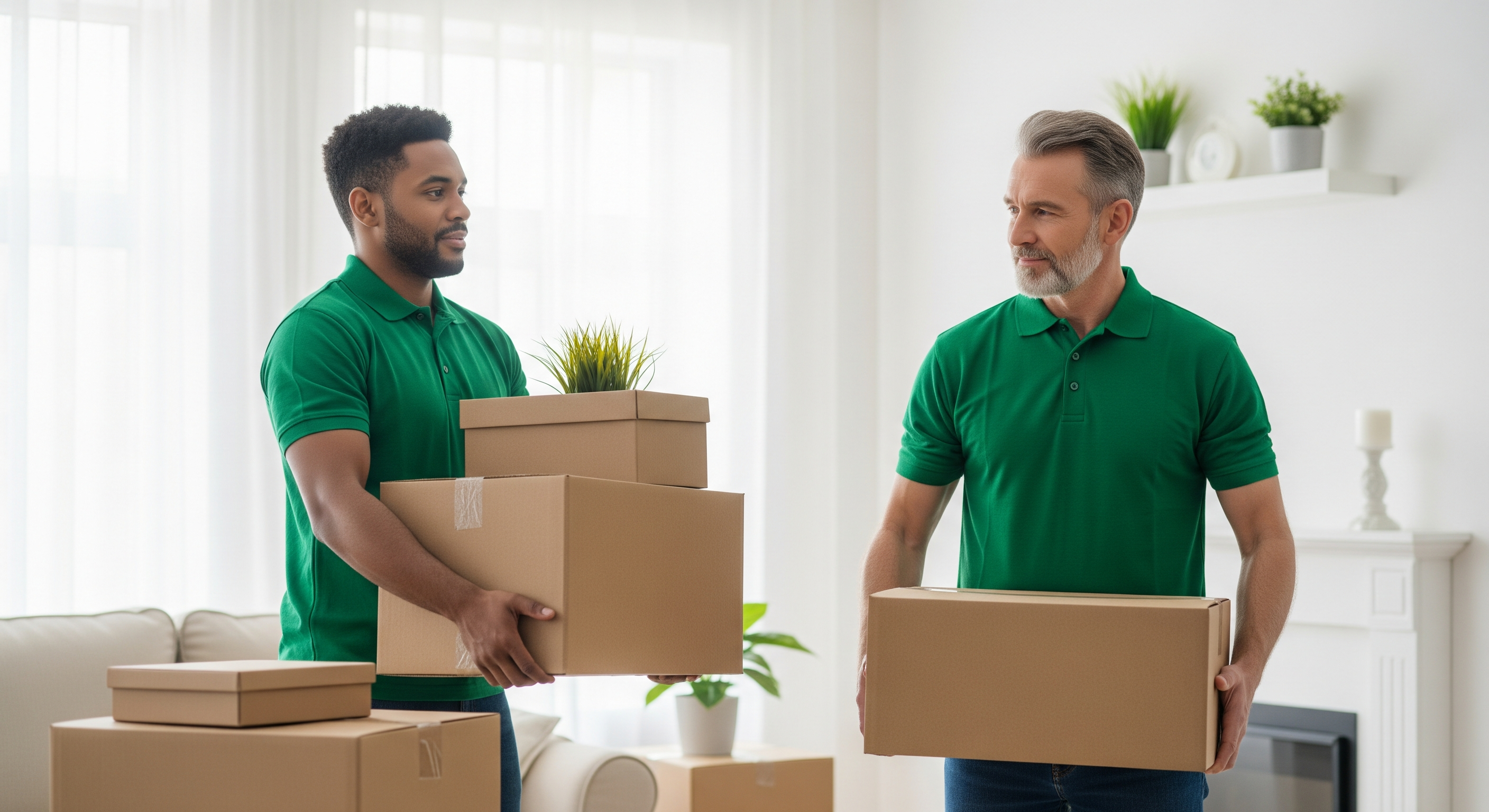 Residential movers carrying labeled moving boxes inside a home
