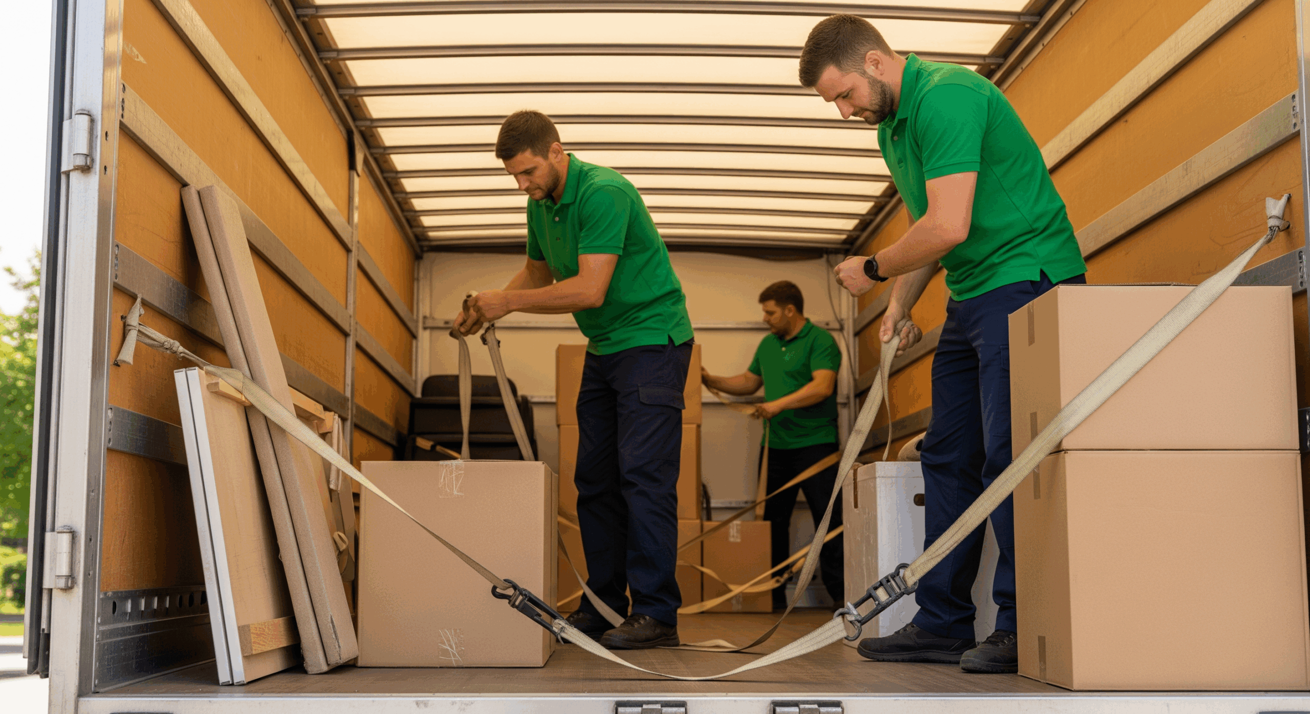 Movers securing boxes and furniture inside a moving truck