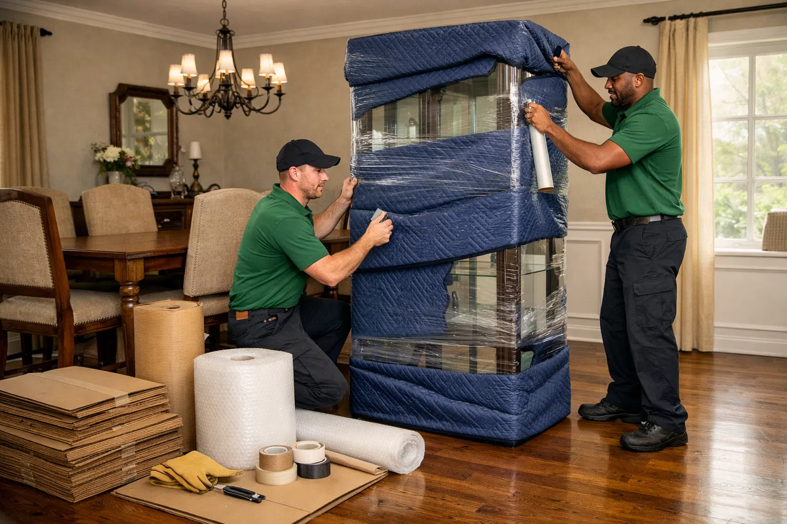 Movers carefully wrapping a glass display cabinet with protective moving blankets and plastic wrap