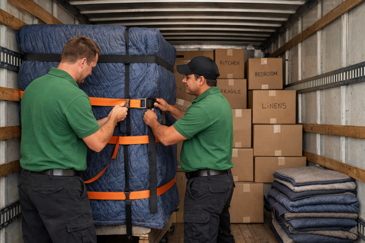 Movers securing large furniture inside a moving truck using heavy-duty straps El Segundo