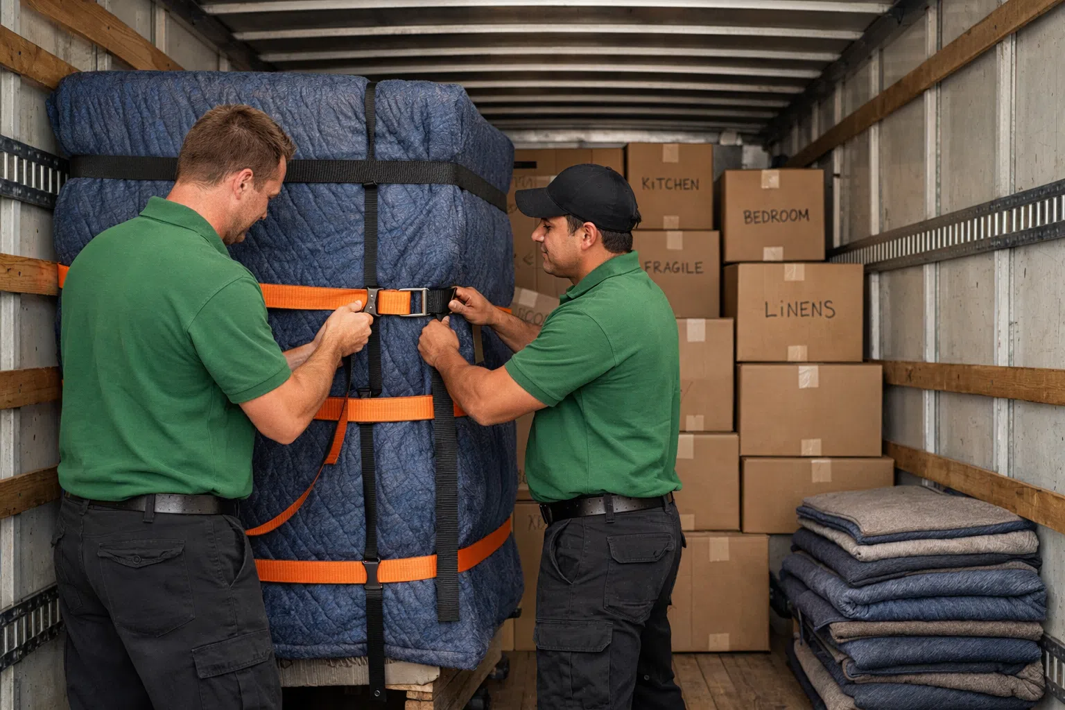 Movers securing large furniture inside a moving truck using heavy-duty straps