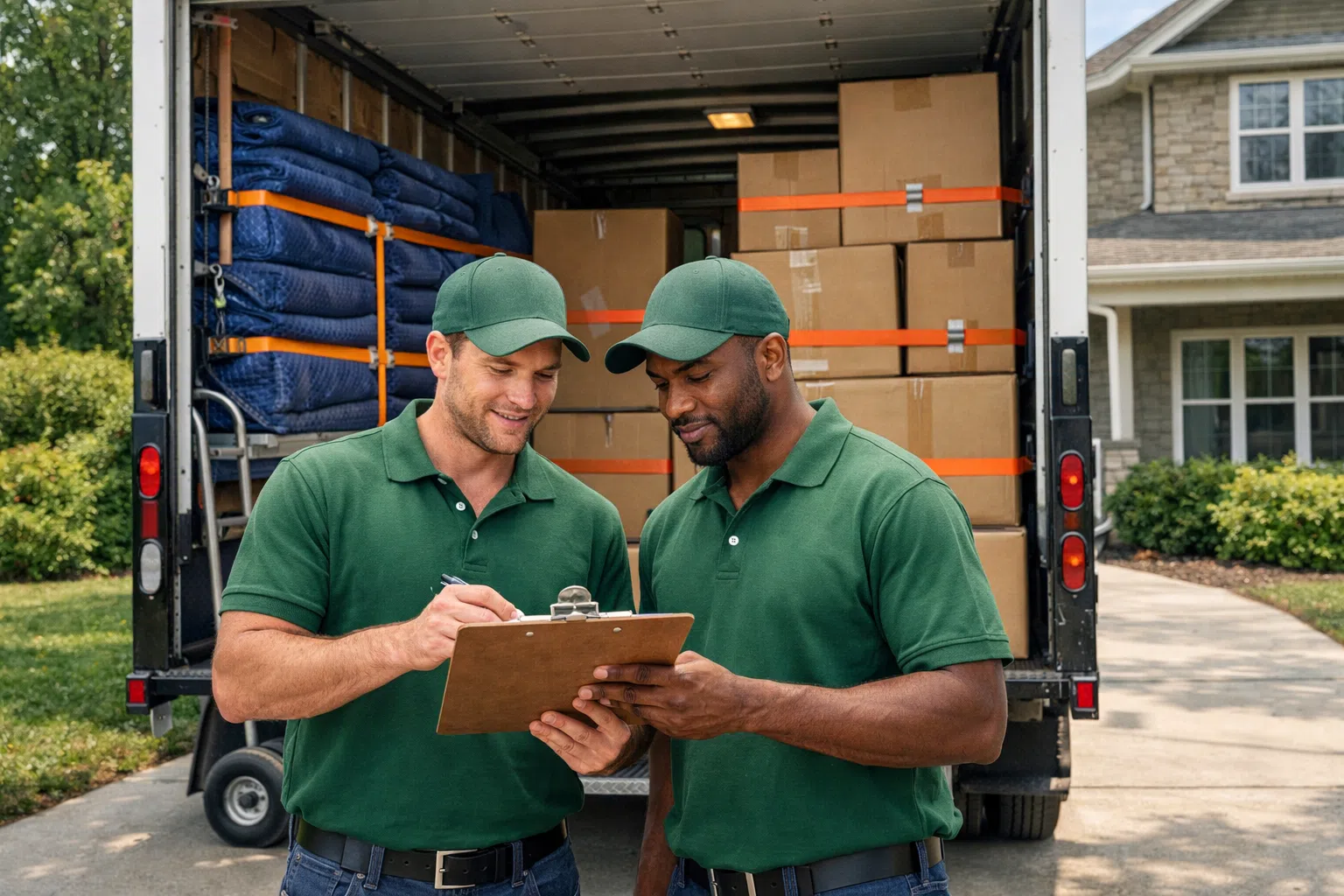 Two professional movers standing at the back of a moving truck reviewing inventory on a clipboard