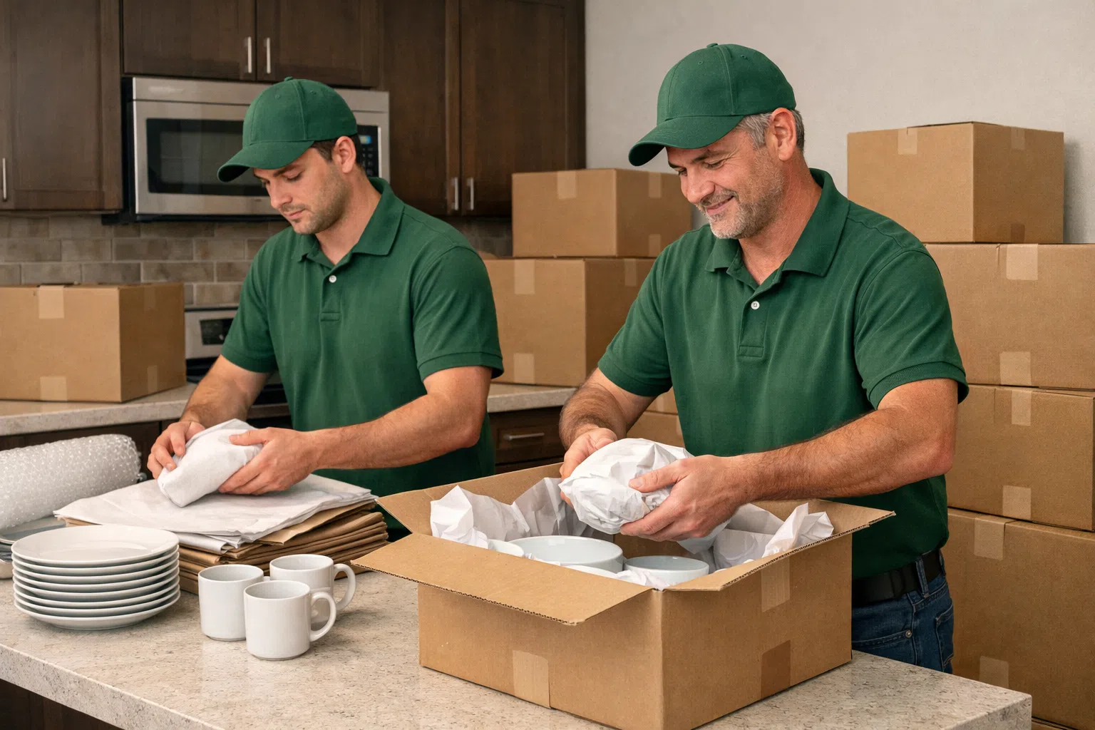 Professional movers packing dishes and kitchenware into a box with protective wrapping