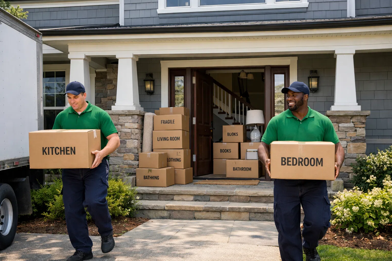 Two movers carrying labeled kitchen and bedroom boxes from a home during a residential move