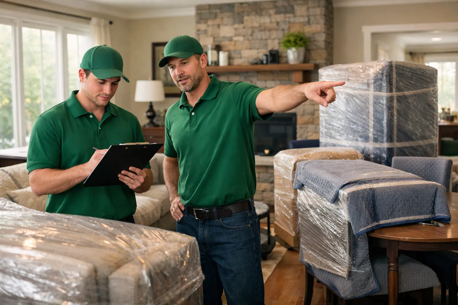 Mover reviewing a clipboard while discussing furniture placement inside a living room