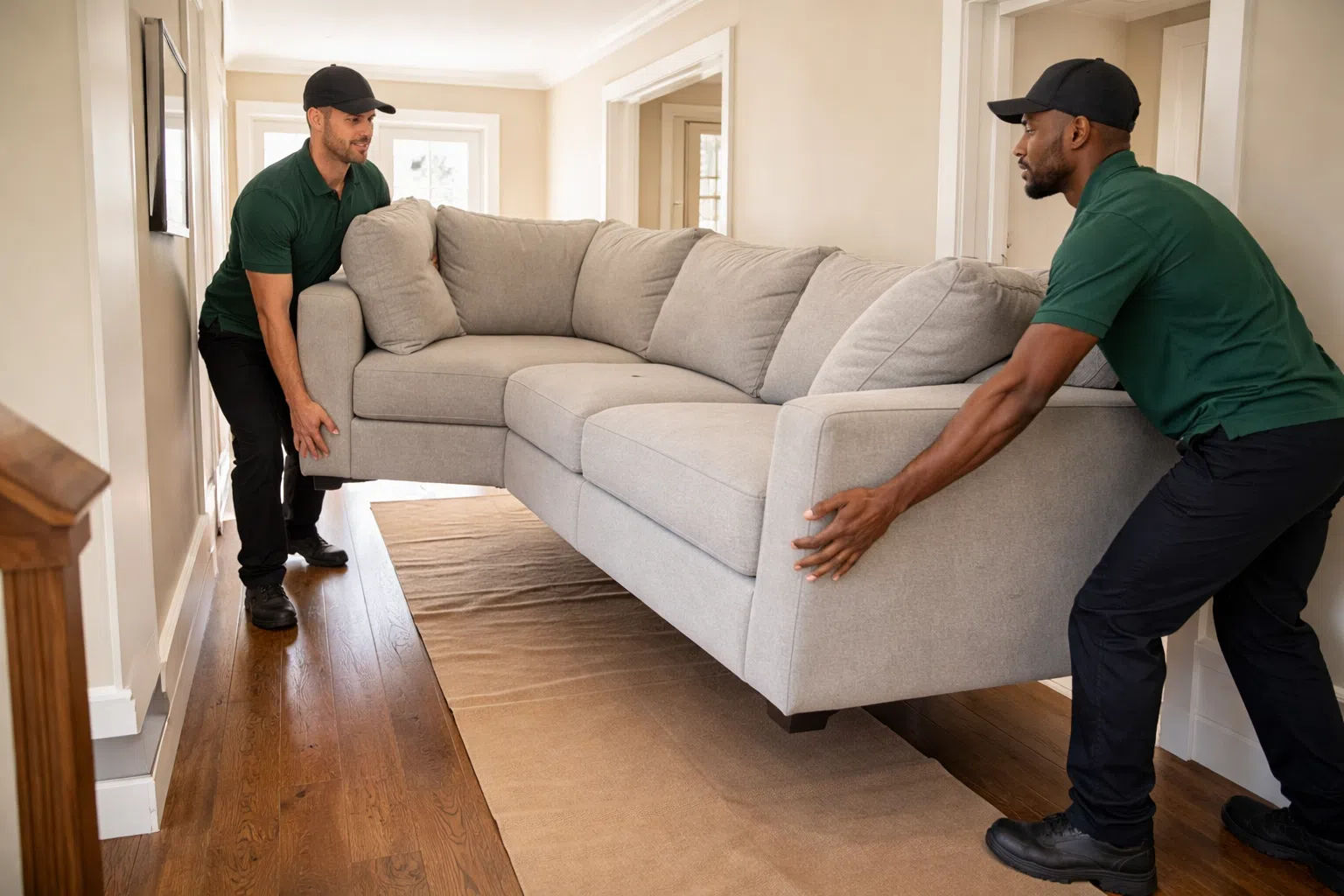 Two movers carefully carrying a large sectional sofa through a hallway during a residential move