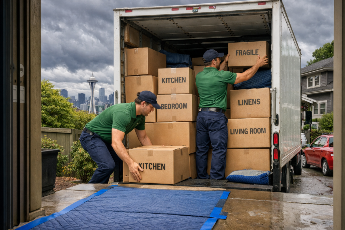 Movers loading labeled boxes into a moving truck in a residential neighborhood Malibu