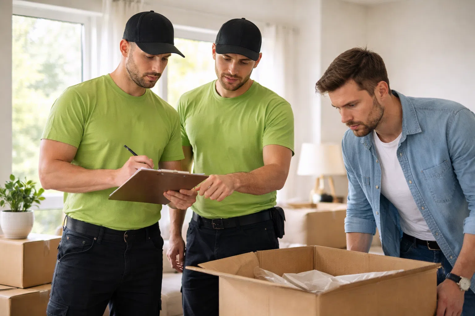 Technicians reviewing packed items with homeowner during inspection