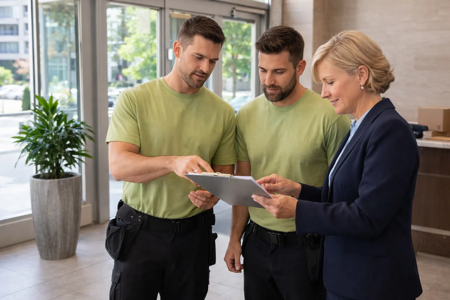 Restoration team discussing packout plan with client using clipboard