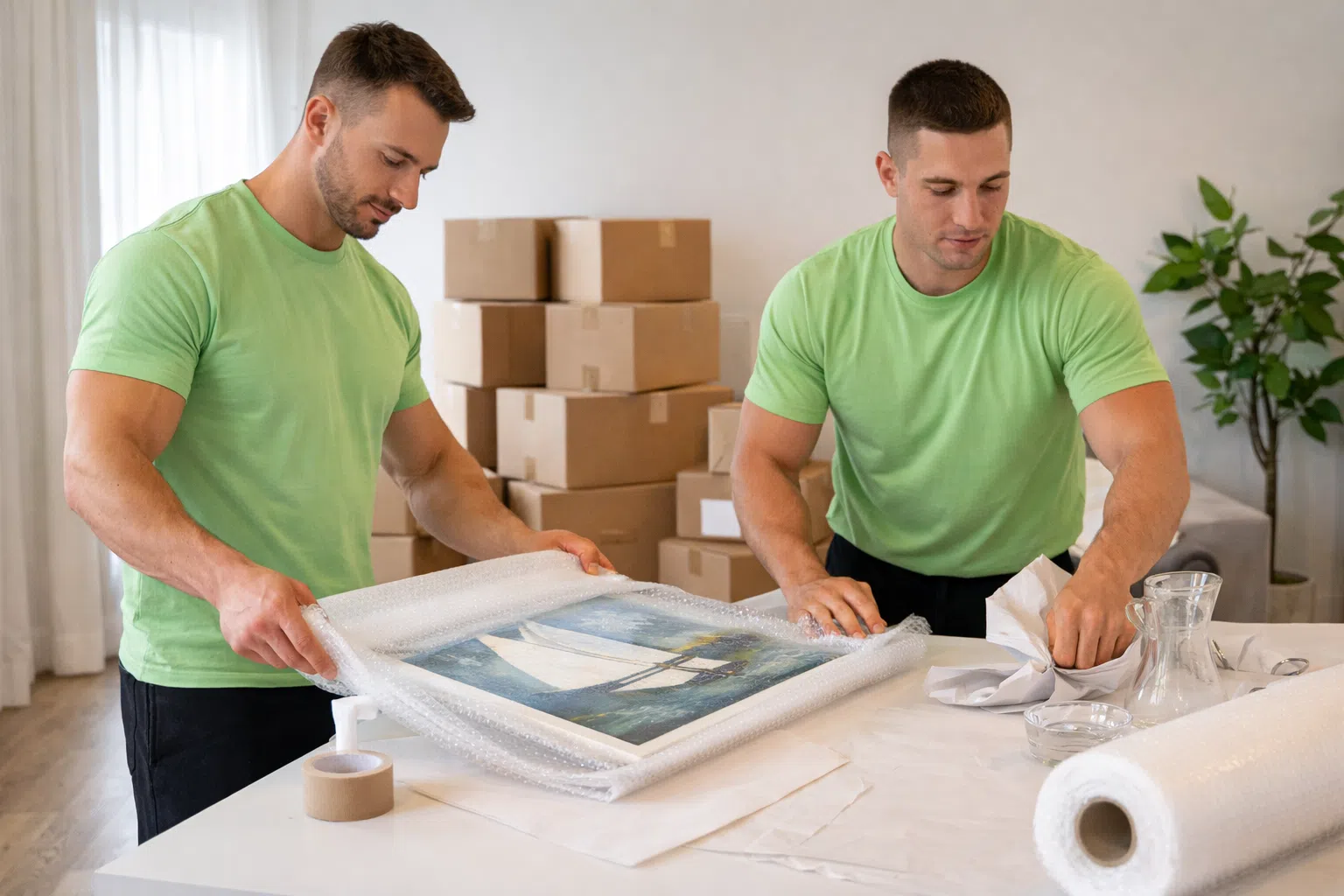 Workers wrapping fragile artwork with protective materials