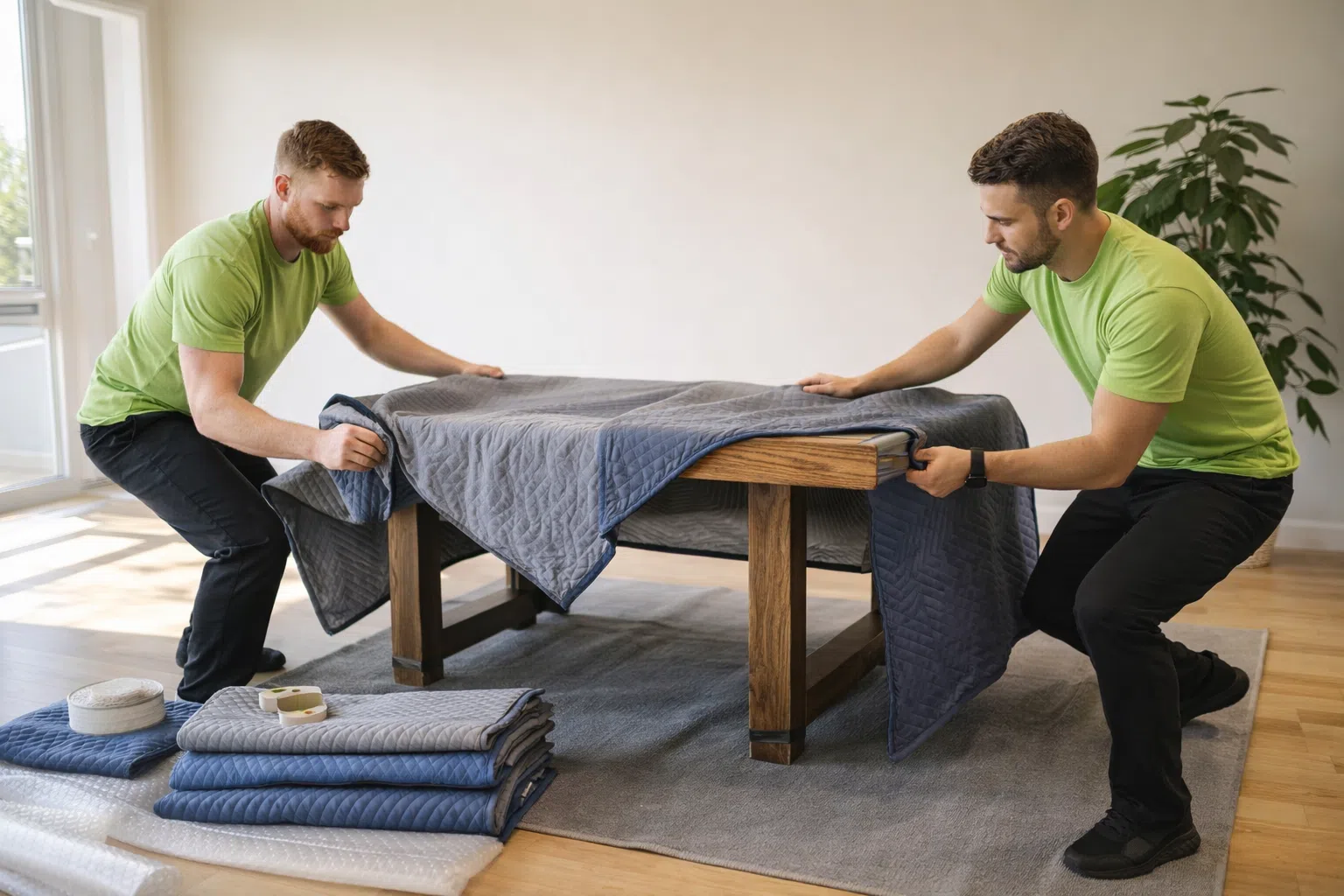 Technicians wrapping furniture with protective blankets during packout