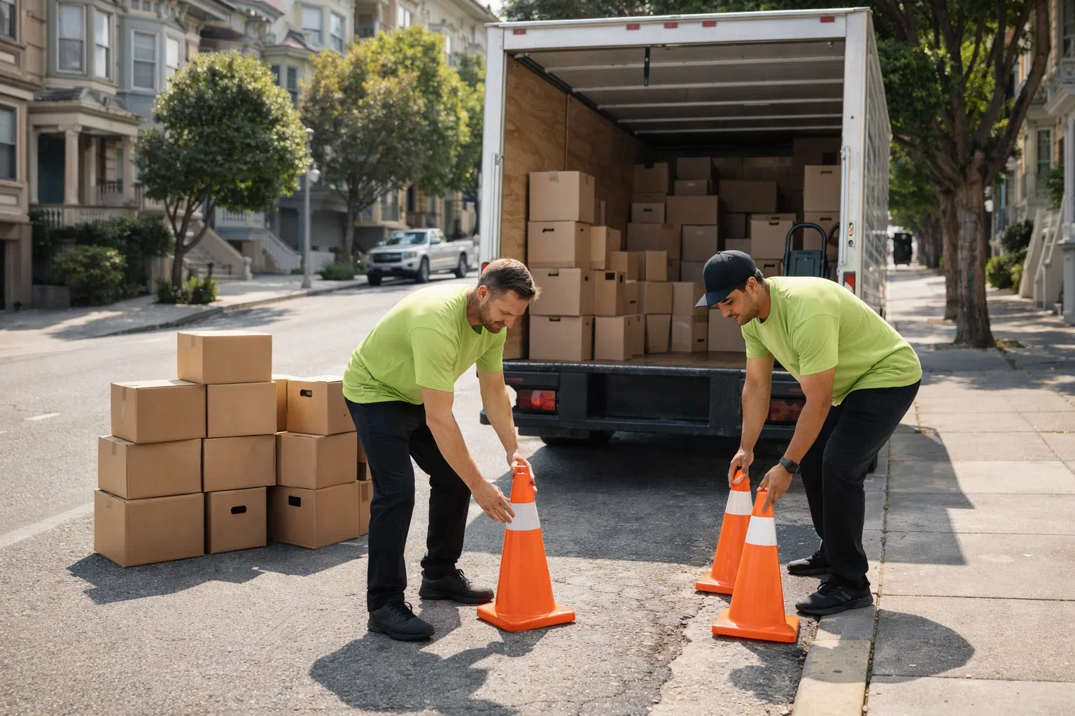Workers placing safety cones near moving truck in residential area