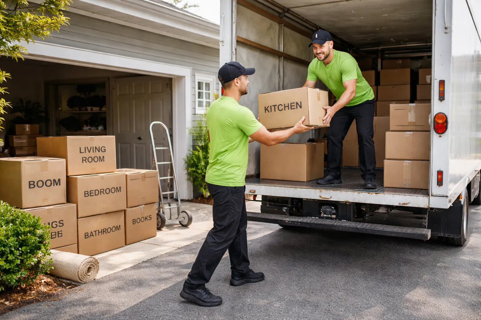 Restoration crew loading labeled boxes into moving truck outside home