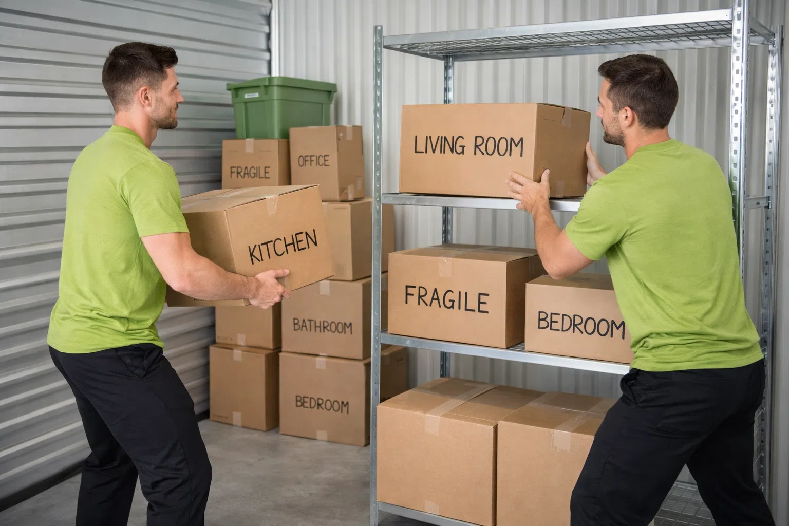 Workers organizing labeled boxes on storage shelves