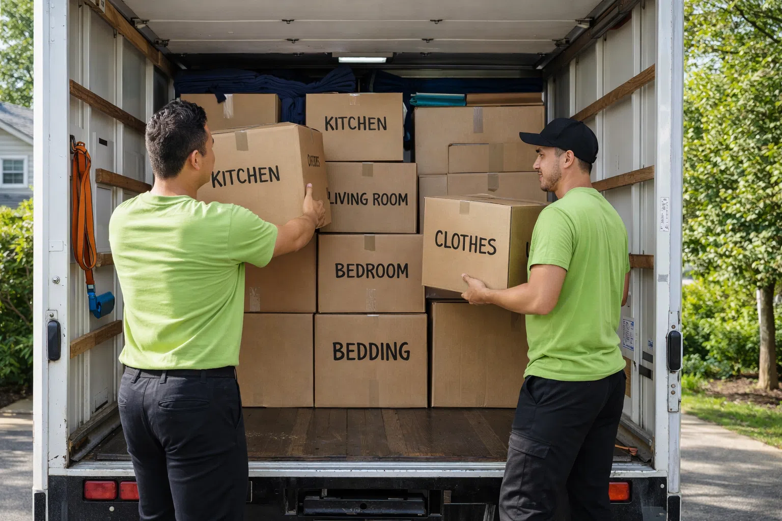 Workers organizing labeled boxes inside moving truck
