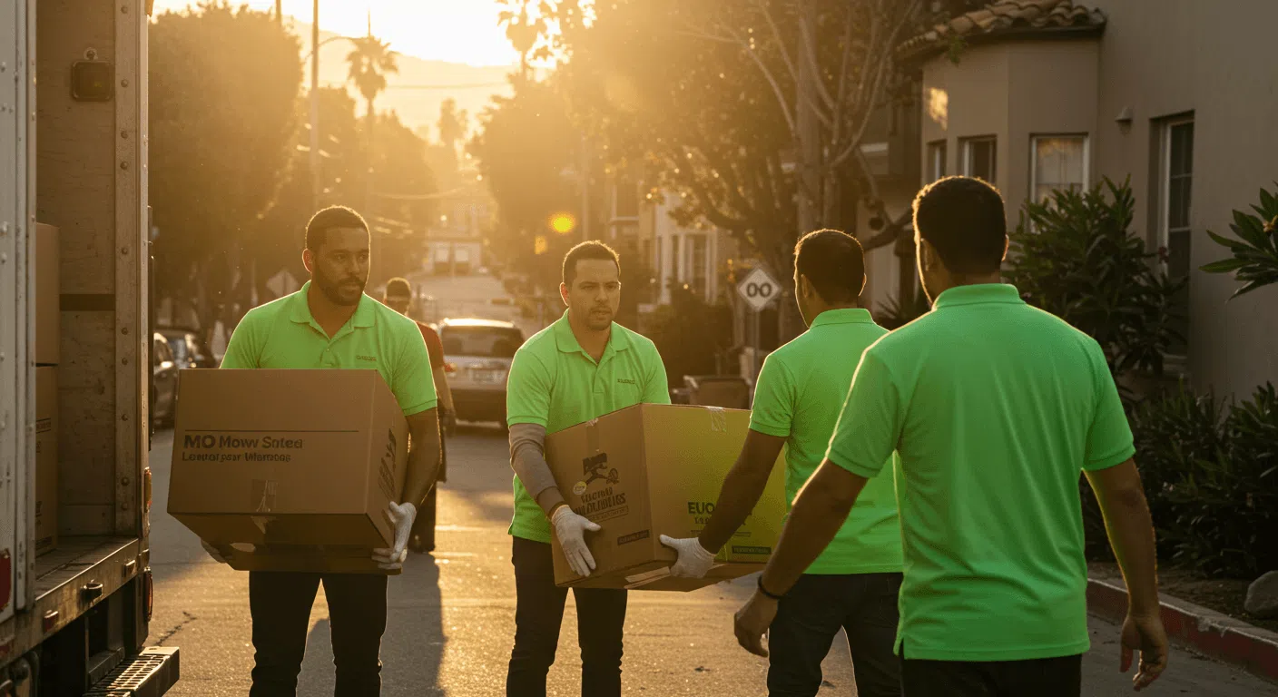 Moving crew carrying boxes along a residential street at sunset.