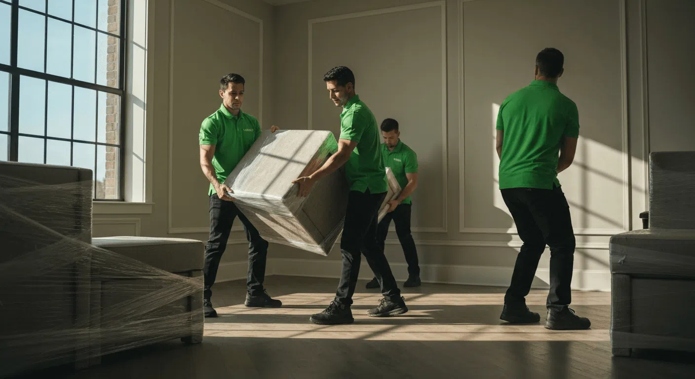 A team of movers carrying wrapped furniture inside a well-lit home.