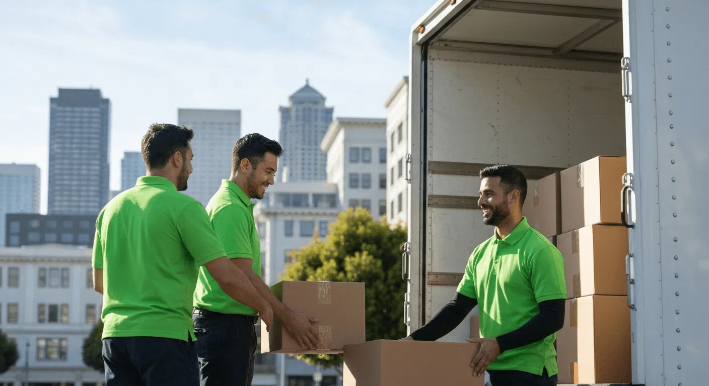 Movers loading cardboard boxes into a truck in an urban environment.