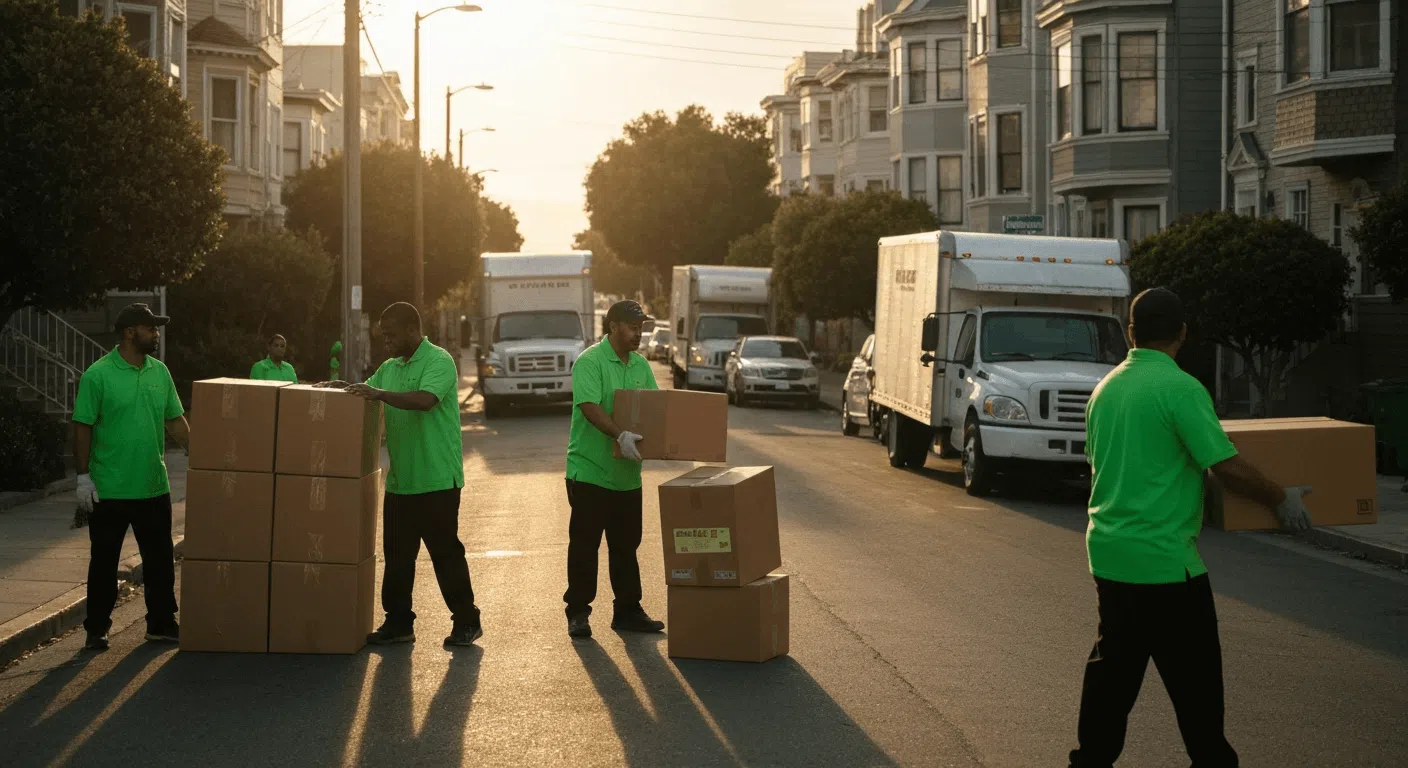 Moving crew organizing and carrying boxes on a residential street with multiple moving trucks.