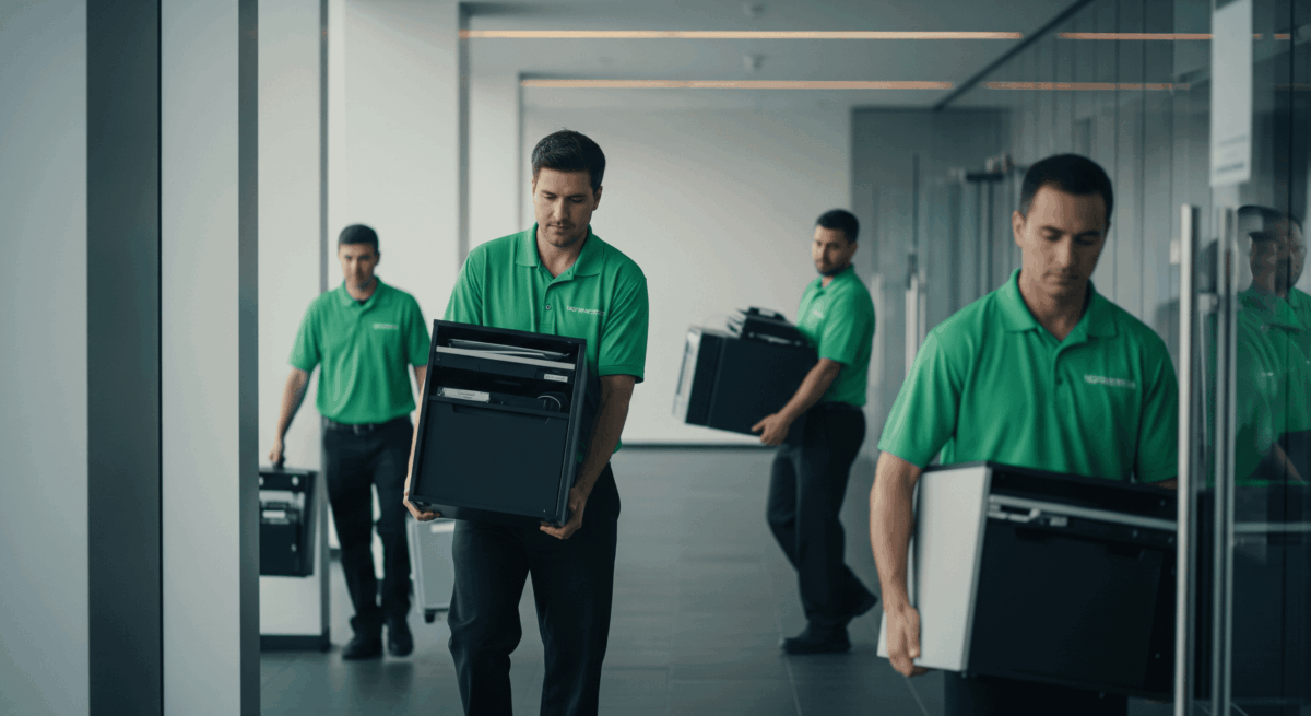 Moving crew carrying office equipment and file cabinets through a modern corporate building.