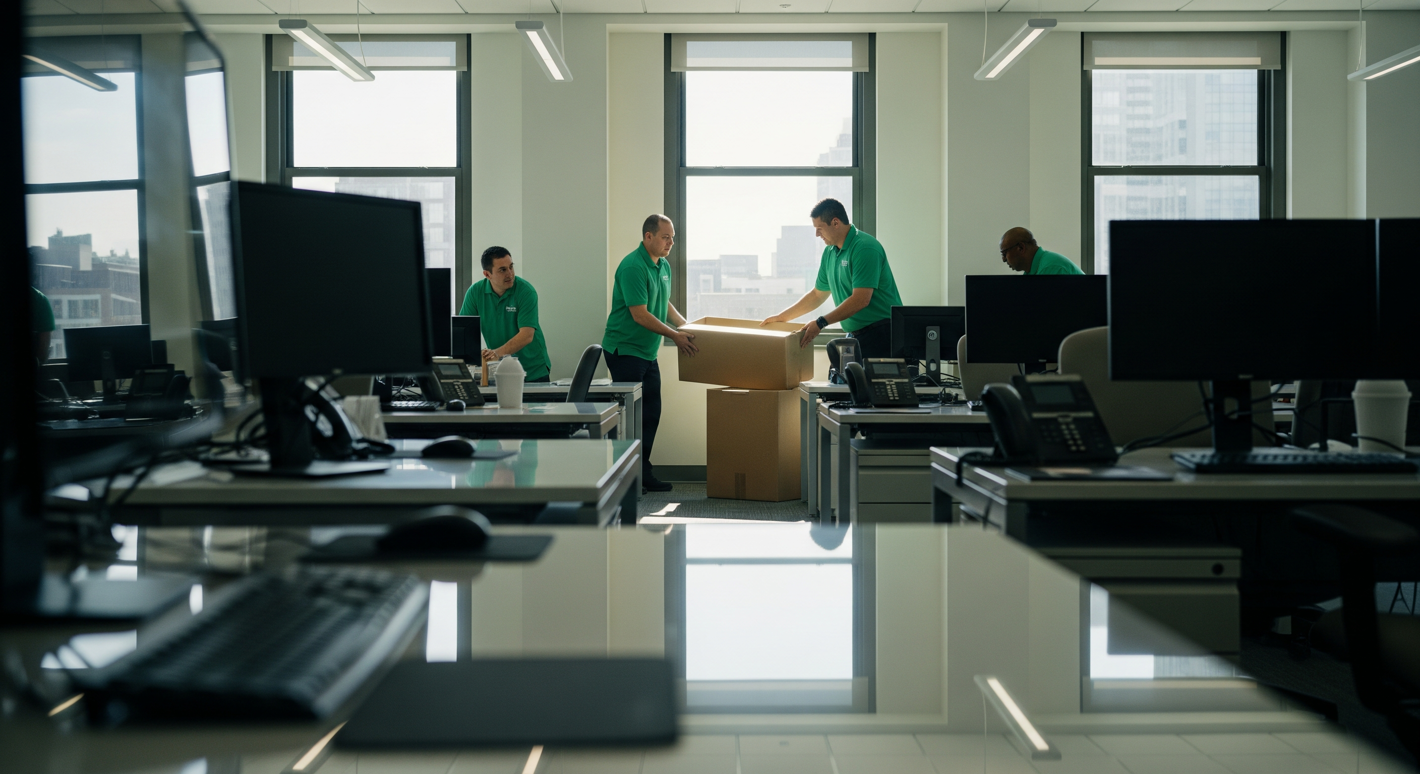 Professional movers in green uniforms transporting large boxes inside a modern office during a corporate relocation.