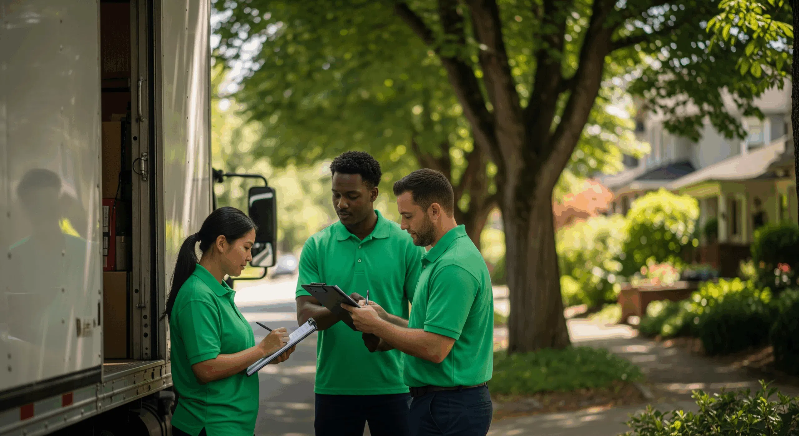 Moving crew reviewing paperwork and a checklist beside a moving truck in a quiet residential neighborhood.