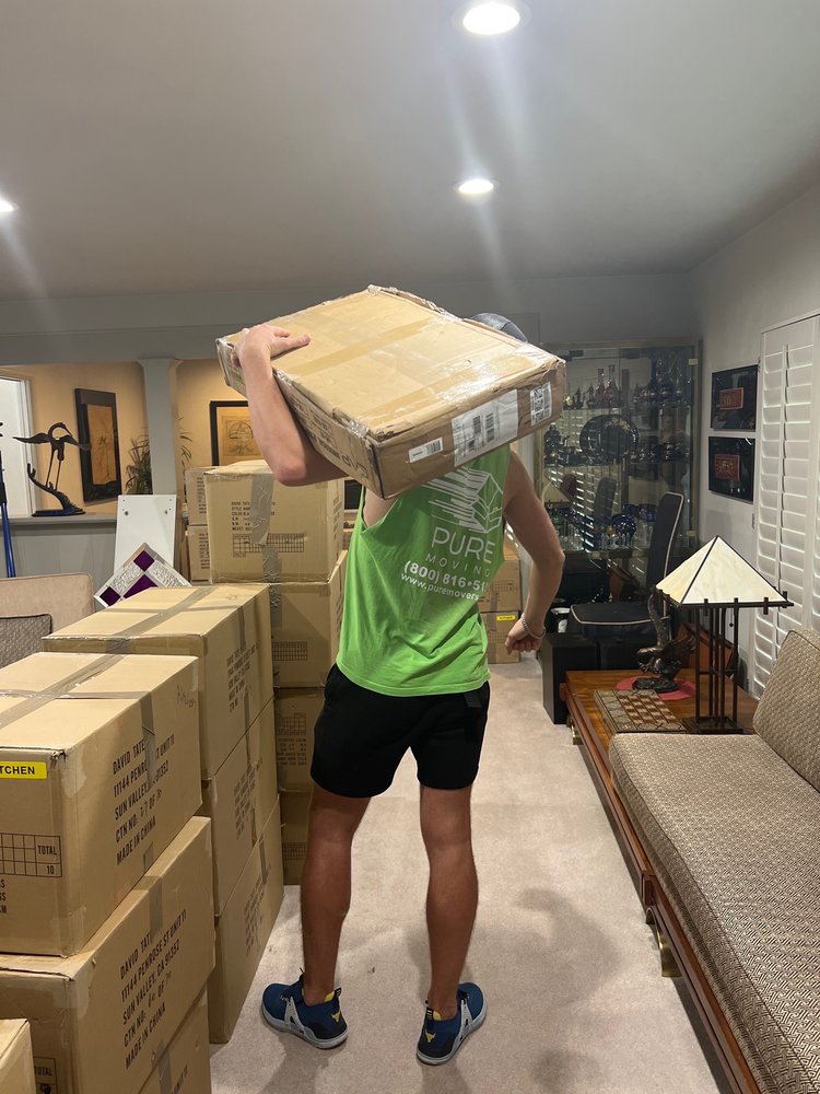 Professional mover carrying large moving box through packed living room during relocation